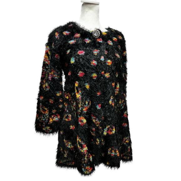 Simply Couture Long Swing Bottom Feather Like Cardigan Black Multicolored Sz S - Picture 1 of 14